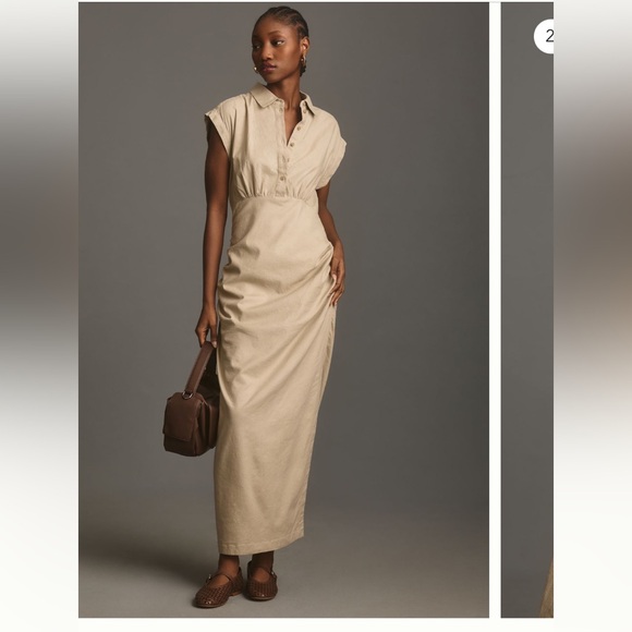 Anthropologie Dresses & Skirts - Cap Sleeve V Neck Ruched Slim Midi Dress